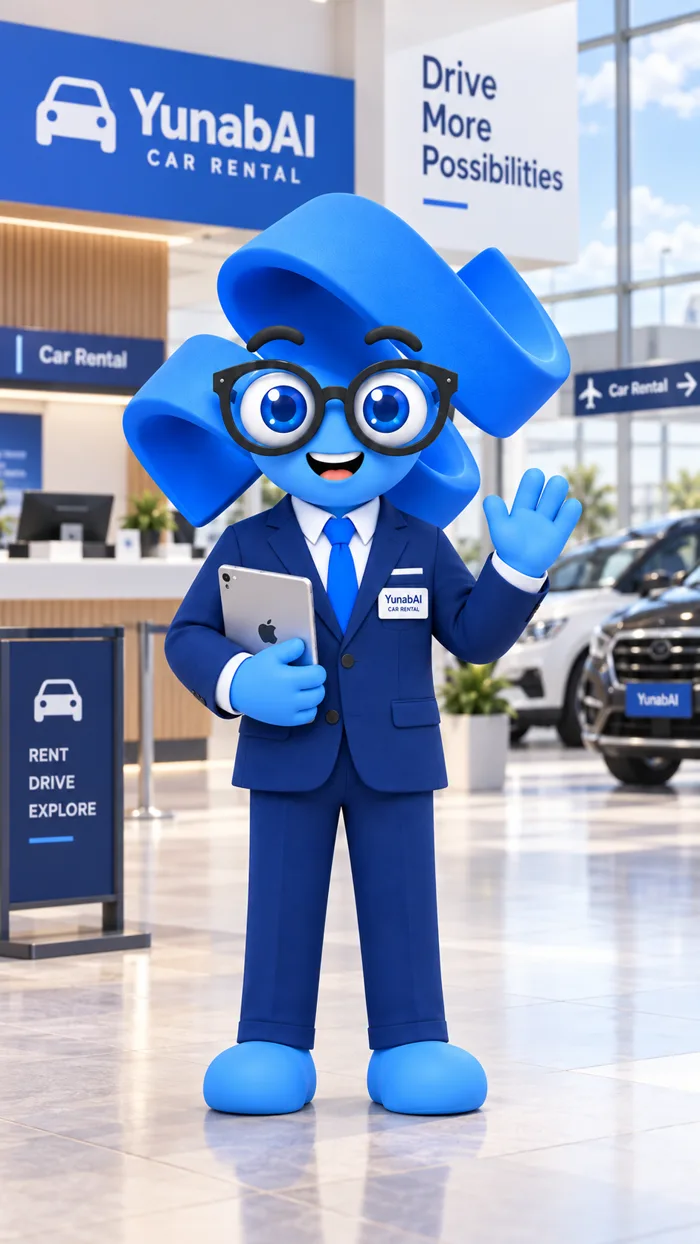 Mascota de YunabAI entregando las llaves en una agencia automotriz