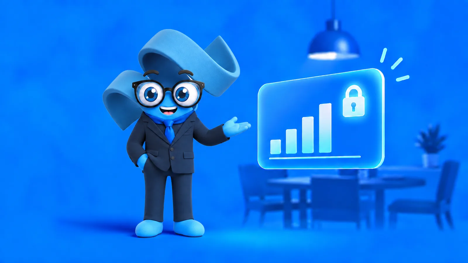 YunabAI mascot pointing to a secure growth chart