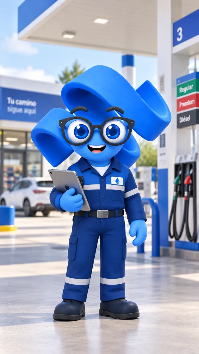 Mascota de YunabAI en una estación de servicio
