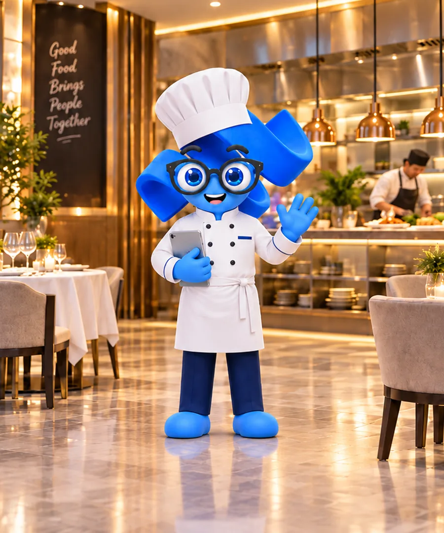 Mascota de YunabAI como chef en un restaurante