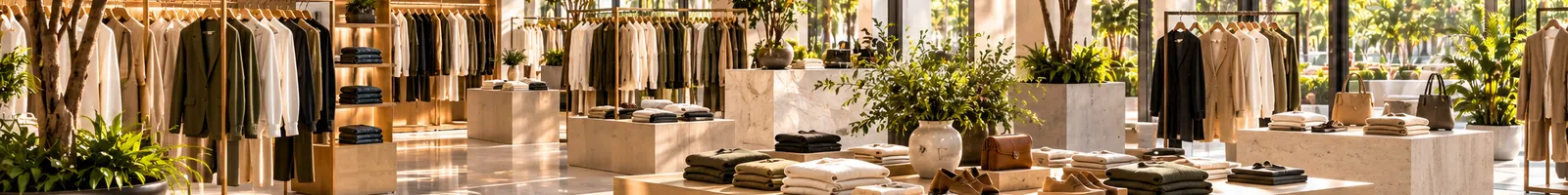 Boutique with clothing racks and display tables