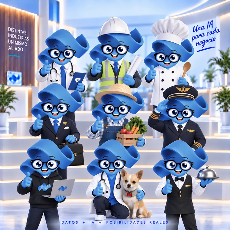 Mascotas de YunabAI de distintas industrias: salud, construcción, restaurantes, aviación y más