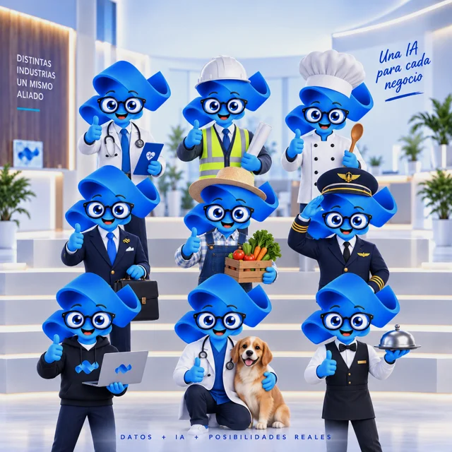 Mascotas de YunabAI representando distintas industrias: salud, construcción, restaurantes, aviación y más